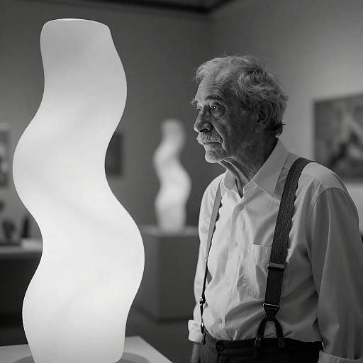Elderly Man Observing Abstract Sculpture
