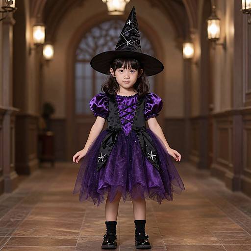 Photograph of a young girl in a purple and black witch costume with star patterns, standing in a dimly lit, arched hallway.