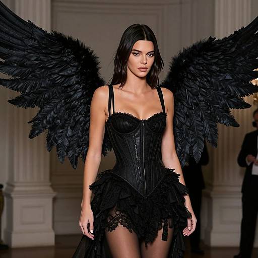 Photograph of a dark-haired woman with large black feathered wings, wearing a black corset and lace skirt, standing confidently in an elegant, dim