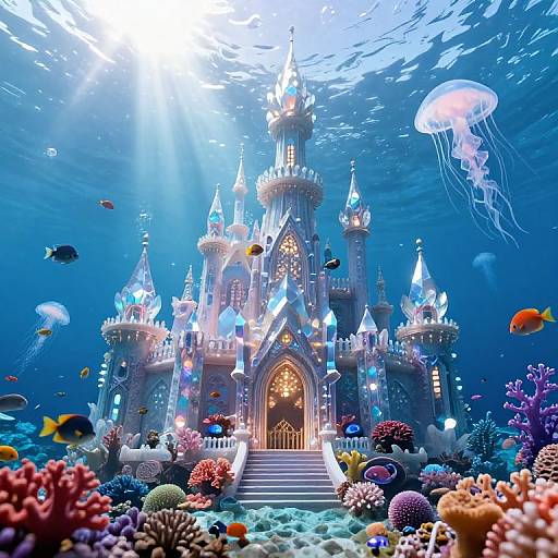 Photograph of an underwater castle with glowing lights, surrounded by colorful coral reefs, jellyfish, and various fish, illuminated by sunlight filtering from above.