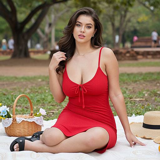 Photograph of a curvy woman with long brown hair, wearing a red, low-cut dress, sitting on a white blanket in a park, with
