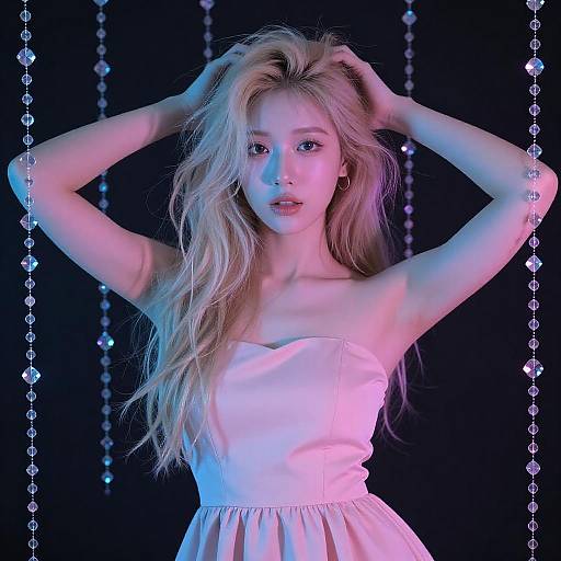 Photograph of a blonde Asian woman with long, wavy hair, wearing a strapless pink dress, arms raised, against a dark background with blue