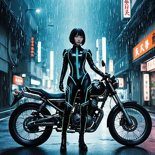 Woman in Neon Bodysuit Standing by Motorcycle in Rainy City