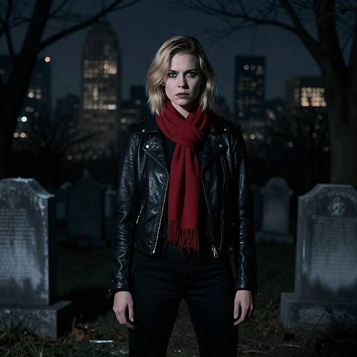 Bold Woman in Eerie Night Cemetery