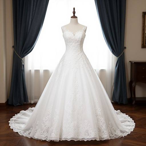 Photograph of a white lace wedding dress displayed on a mannequin in a room with blue curtains and wooden floor.