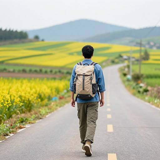 Photograph of a man with black hair, wearing a blue shirt and beige backpack, walking down a paved road through vibrant yellow fields and green hills.