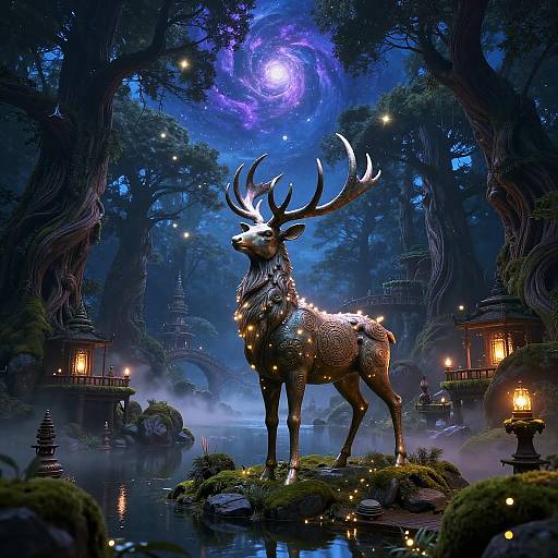 Mystical Bronze Stag in Enchanted Forest