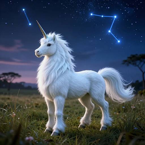Photorealistic digital artwork of a glowing white unicorn with a golden horn, standing in a grassy field under a starry night sky with constell