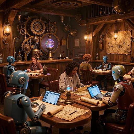 Steampunk AI Tavern with Robots