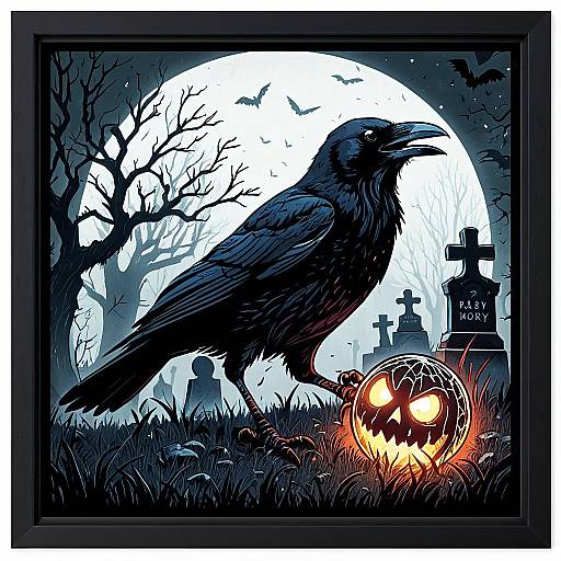 Halloween Raven with Glowing Pumpkin Orb