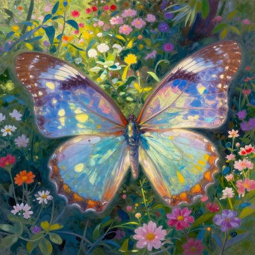Vibrant digital painting of a large, iridescent butterfly with blue, white, and orange wings, surrounded by a lush, colorful meadow