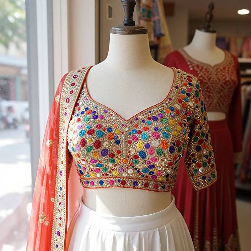 Photograph of a mannequin wearing a vibrant, multicolored embroidered crop top with gold thread, red dupatta, and white skirt, in