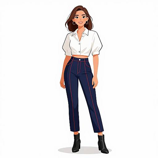 Digital illustration of a confident woman with light skin, brown hair, wearing a white button-up shirt, high-waisted dark blue pants, and black