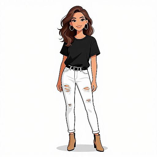 Digital illustration of a smiling woman with long brown hair, wearing a black t-shirt, white ripped jeans, and tan ankle boots. She has hoop earrings