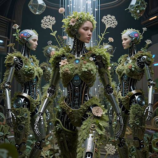Photorealistic CGI of four futuristic, metallic female robots adorned with green moss, flowers, and intricate circuitry, standing in a dark, futuristic lab