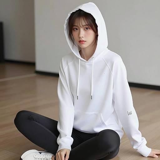 Young Woman Sitting Indoors in White Hoodie and Black Leggings