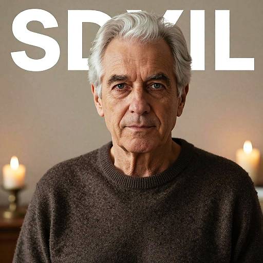 Photograph of an elderly man with gray hair and wrinkled face, wearing a dark brown sweater, against a softly lit background with two candles. Large