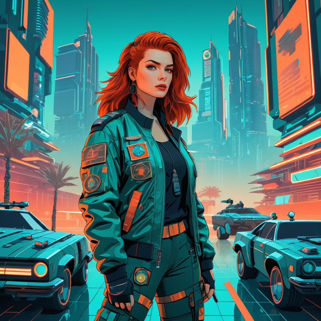 Auburn-Haired Heroine in Cyberpunk Cityscape