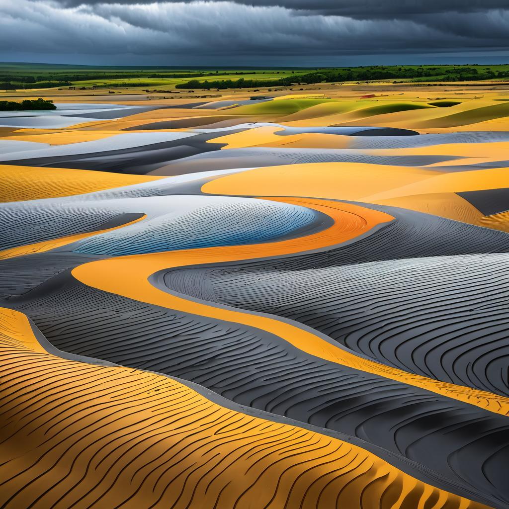 Vibrant Sandy Expanse Under Rainy Skies