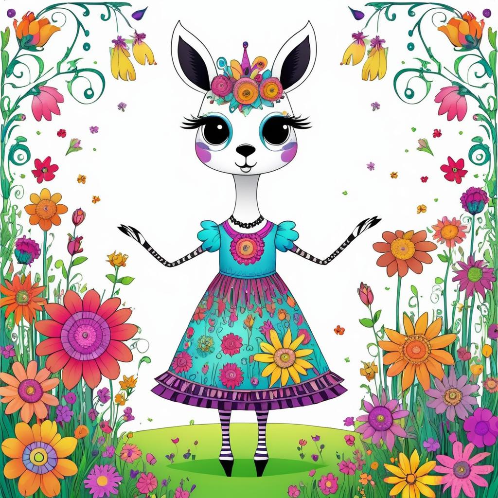 Whimsical Llama in Burtonesque Flowers