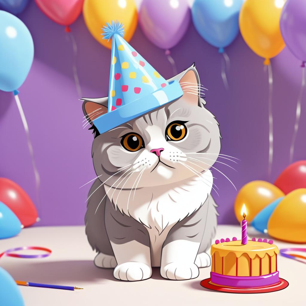 Cartoon Scottish Fold Cat Birthday Celebration