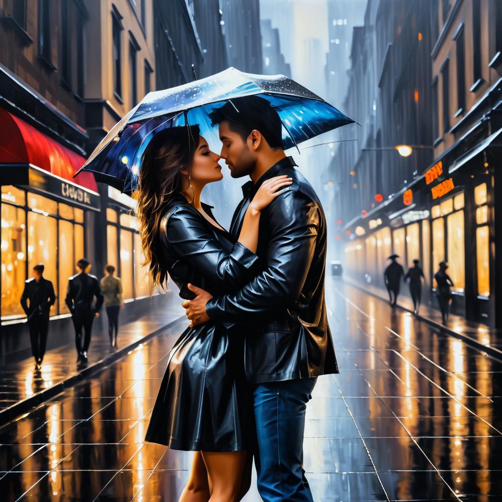 Romantic Rain Kiss in a City