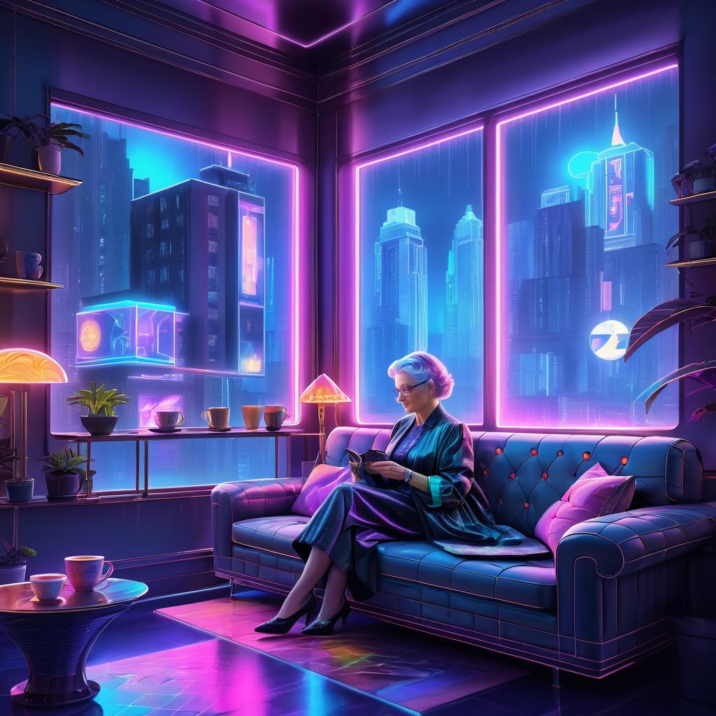 Elderly Woman in Cyberpunk Cozy Corner