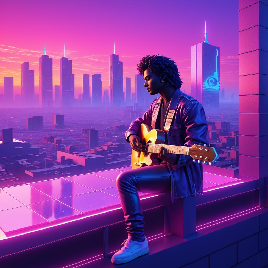 Synthwave Musician on Rooftop at Sunset