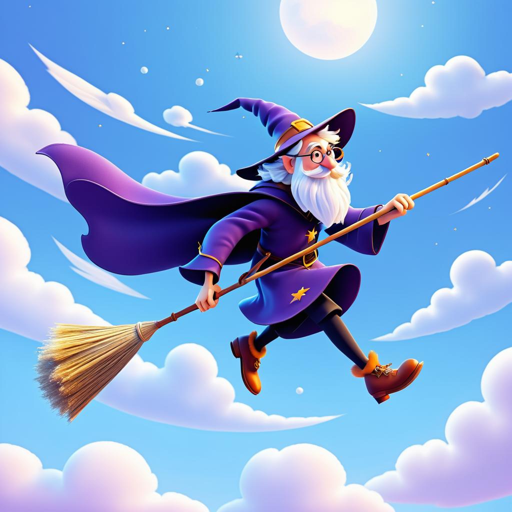 Whimsical Wizard Flying on Broomstick