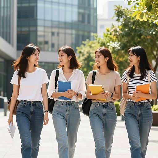Sunny Campus Walk: Four Friends Laughing