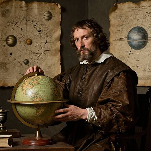 Photograph of a bearded man with curly brown hair, wearing a brown Renaissance-style shirt, holding a vintage globe, in front of antique astronomy maps