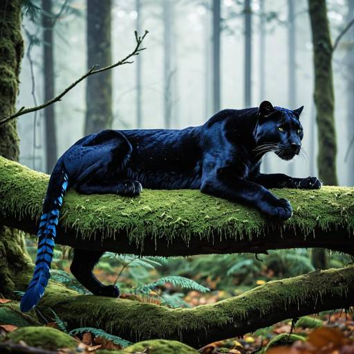 Black Panther on Mossy Branch in Misty Forest