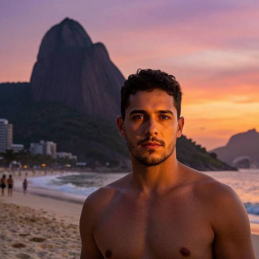 Photograph of a shirtless, muscular man with short dark hair and stubble, standing on a beach at sunset with Sugarloaf Mountain in the