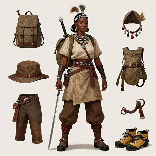 Digital illustration of a Native American warrior in tan tunic, brown pants, boots, headband, and accessories, with backpack and sword. Surrounding