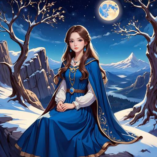 Young woman in blue medieval dress under full moon