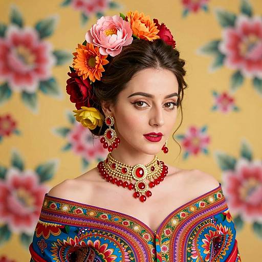 Woman in Floral Updo and Colorful Blouse