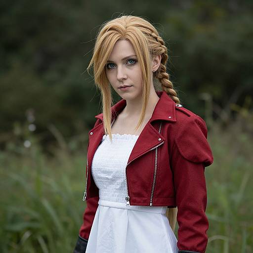 Photograph of a young woman with blonde braided hair, blue eyes, wearing a red jacket over a white dress, standing in a green, blurred