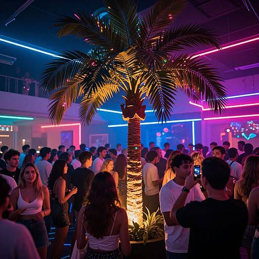 Photograph of a vibrant nightclub with neon lights, a lit palm tree, and a crowded dance floor of diverse, casually dressed people taking photos and dancing