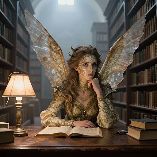 Digital artwork of a fairy-like woman with golden wings, intricate mask, and ornate dress, reading in a dimly lit library.