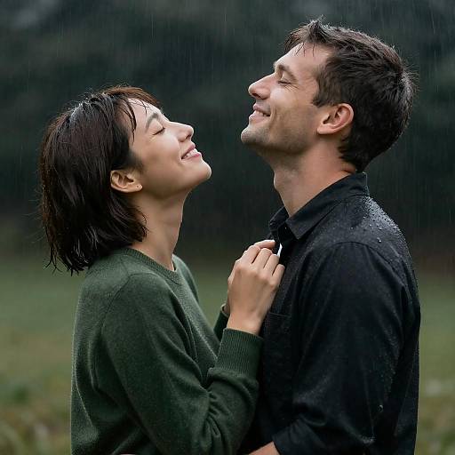 Smiling Couple in Rainy Embrace