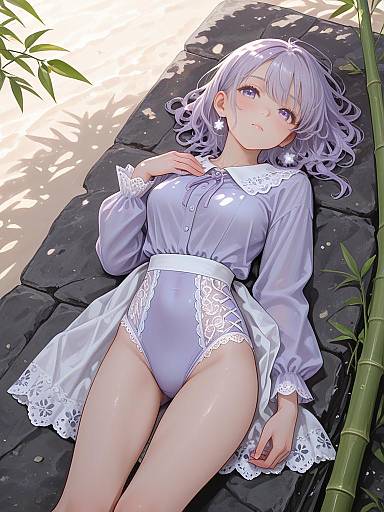 Young Woman in Lavender Swimsuit and Beach Coverup
