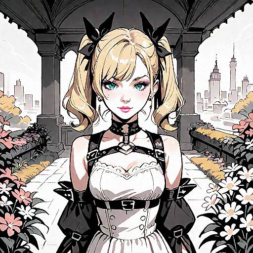 Digital anime-style drawing of a blonde girl with blue eyes, black bow, white dress, and black gloves, standing in a floral garden archway with