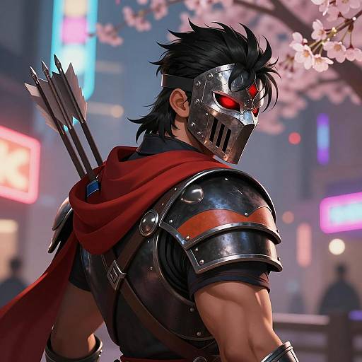 Muscular Warrior in Neon Cityscape