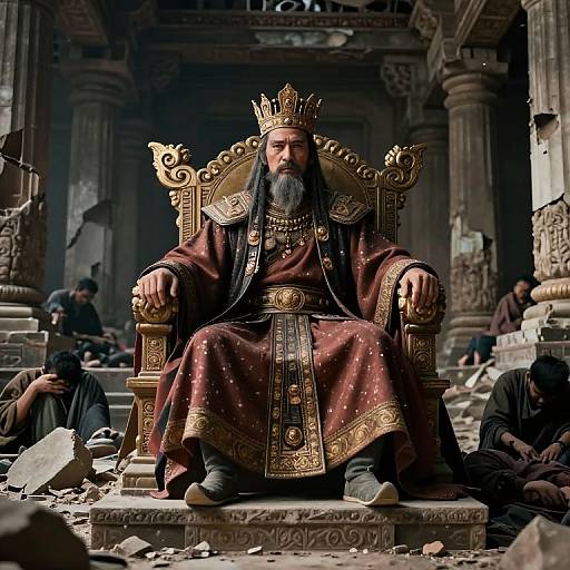 Photograph of a bearded, crowned king with a long black beard, wearing a richly embroidered red robe, seated on an ornate golden throne