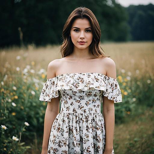 Young Woman in Floral Off-Shoulder Dress Outdoors