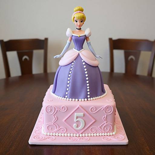 Photograph of a princess-themed cake with a blonde doll in a blue dress, white gloves, and pink square base with 