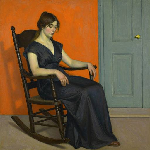 Painting of a fair-skinned woman with dark hair, wearing a black dress, sitting on a wooden rocking chair against an orange wall and gray door