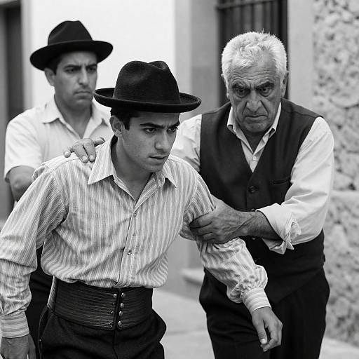 Black and white image of three men in traditional Spanish clothing