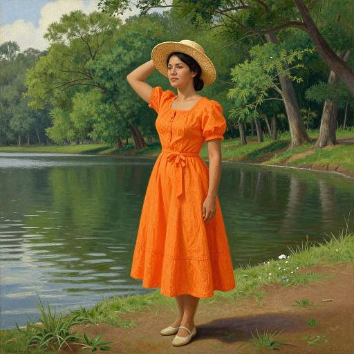 Photograph-style digital art of a woman in an orange dress and straw hat, standing by a peaceful lake surrounded by trees.