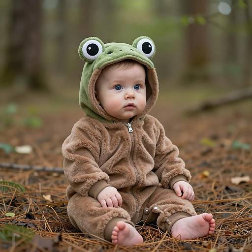 Baby in Frog Onesie Sitting on Forest Ground